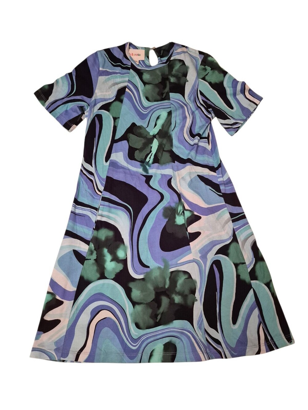 De loreta Marmol Verde Print Blue Green Cotton A-Line Shift Dress Medium